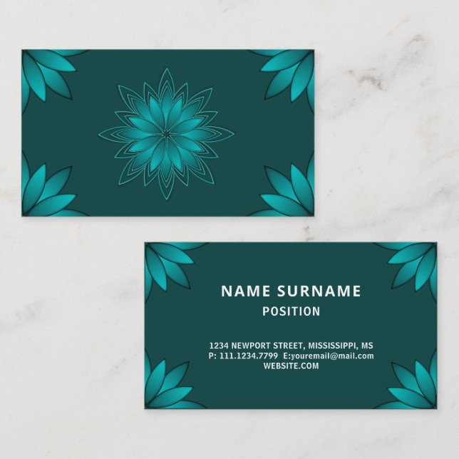 Tealblad Mandala Design på mörk cyan Visitkort (Fram/baksida)