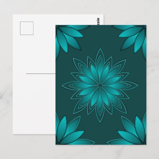 Tealblad Mandala-design på mörk cyan Vykort (Fram/baksida)
