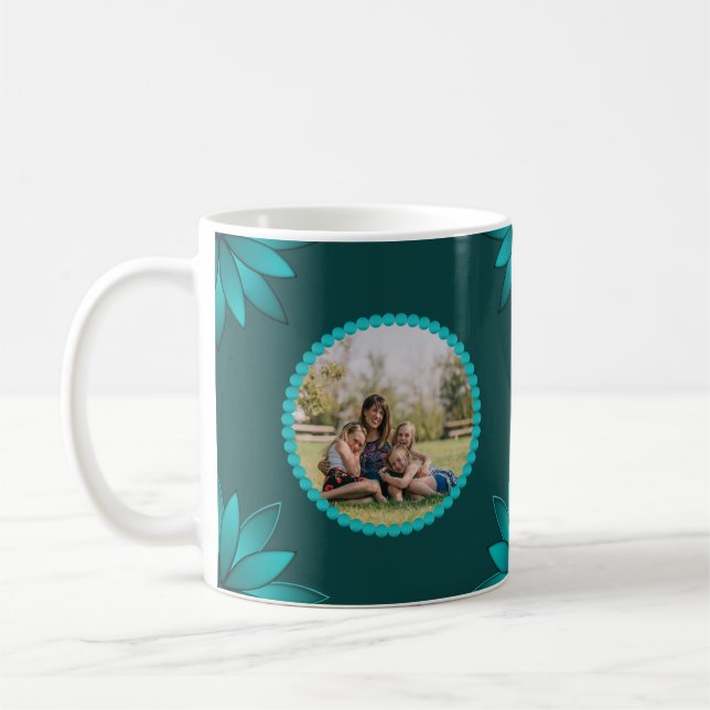 Tealblad Mandala-design på mörkt cyan Kaffemugg (Vänster)