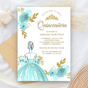 Tealblommig klänning prinsessa guld Quinceanera Inbjudningar