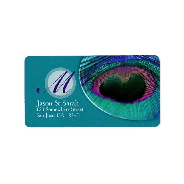 TealPurple Peacock Feather Monogram-adressetikett Adressetikett (Framsidan)