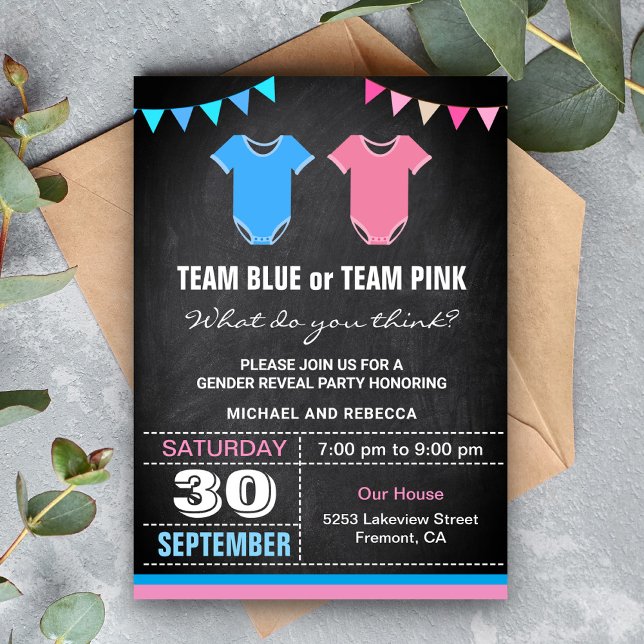 Team Blue eller Team Rosa Gender Reveal Party Inbjudningar (Skapare uppladdad)