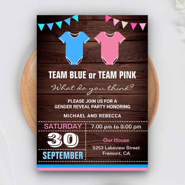 Team Blue eller Team Rosa Gender Reveal Party Inbjudningar (Skapare uppladdad)