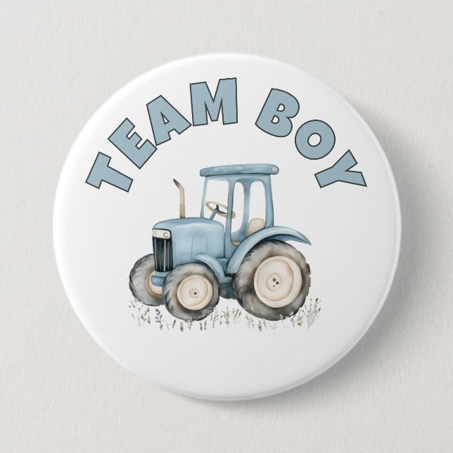 Team Boy Cute Blue Farm Tractor Gender Reveal Knapp (Framsida)