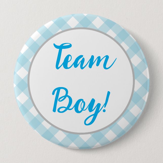 Team Boy, Gender Reveal Button, Blue Play Knapp (Framsida)