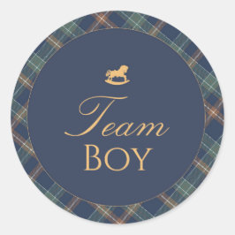 Team Boy Gender Reveal Voting Sticker Navy Plaid Runt Klistermärke