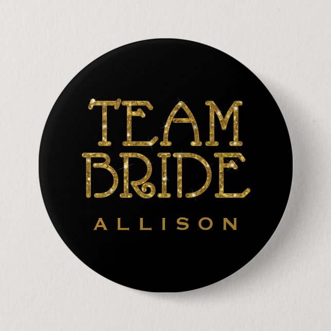 Team Bride Guld Faux Glitter Namn bricka Knapp (Framsida)