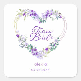 Team Bride Quote & Floral Purple Heart for Wedding Fyrkantigt Klistermärke