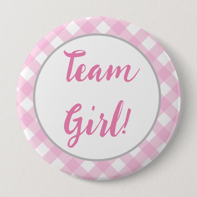 Team Girl Gender Reveal Button, Rosa Gingham Play Knapp (Framsida)