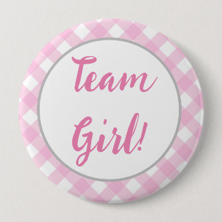 Team Girl Gender Reveal Button, Rosa Gingham Play Knapp