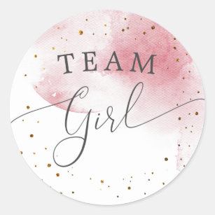 Team Girl Gender Reveal Party Vote Rosa Watercolor Runt Klistermärke
