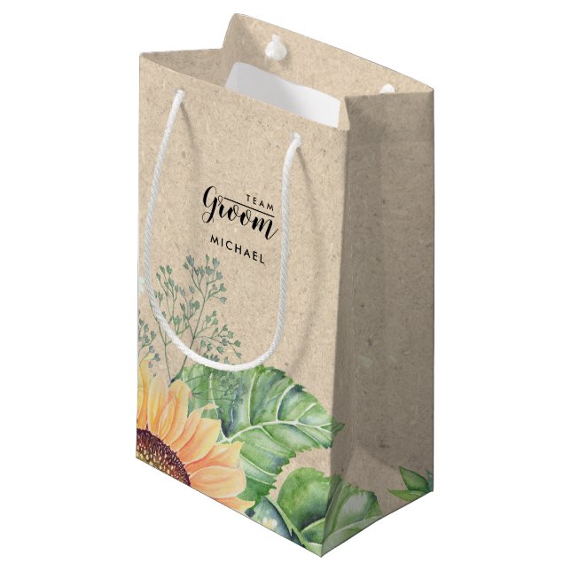 Team Groom. Solros Kraft Papper Gift Bags (Framsidan Vinklad)