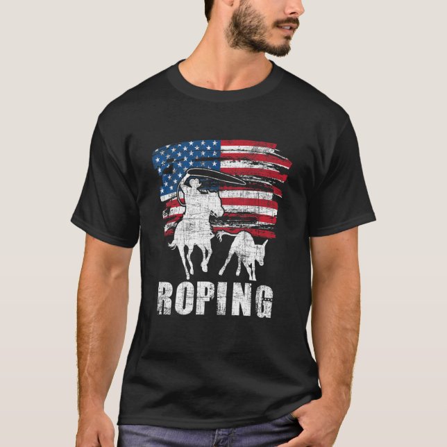 Team Roping Roper Förenta staternas Flagga Header  T Shirt (Framsida)
