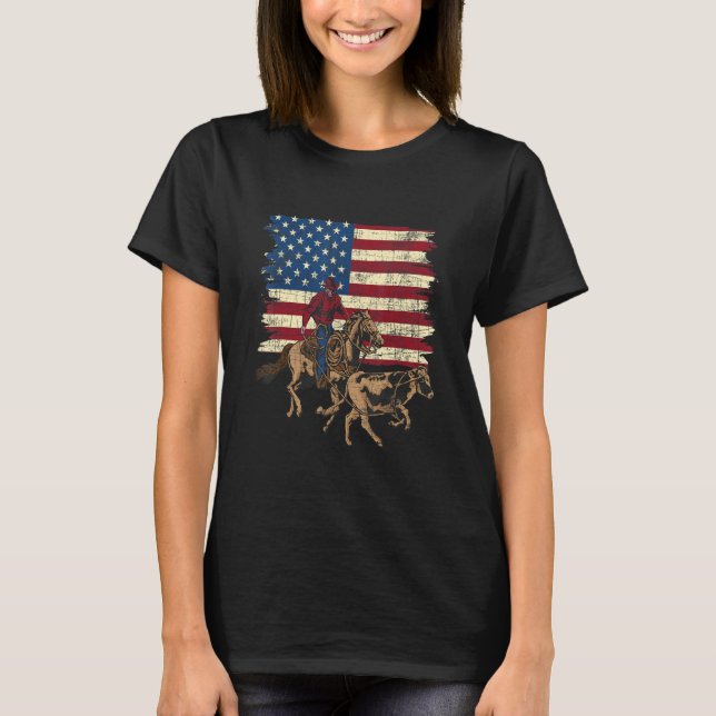 Team Roping USA flagga Rodeo Equestrian Header Hee T Shirt (Framsida)