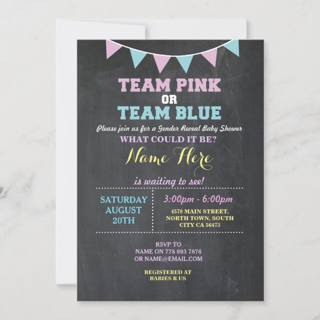 Team Rosa eller Blue Gender Reveal Baby Shower inb Inbjudningar (Framsida)