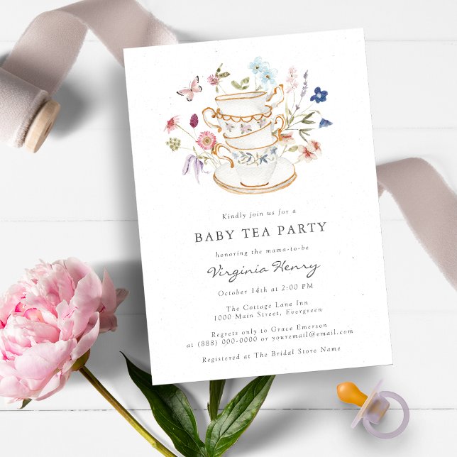 Teaparty-babyfest Inbjudningar (Beautiful Wildflower Baby Shower Tea Party Invitation by Painted Paperie)