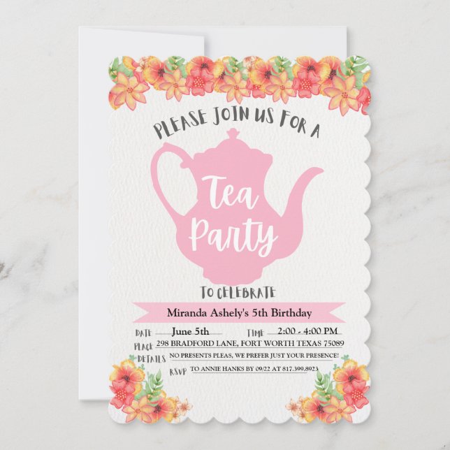 Teaparty-inbjudningar för flickor tack kort (Framsida)