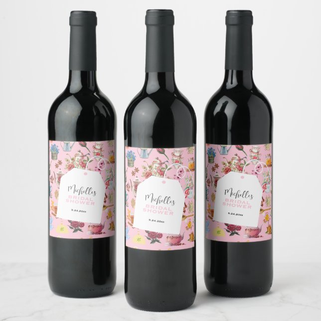 Teaparty Rosa Trädgård Blommig Mönster Bröllopsfes Vinflaska Etikett (Flaskor)