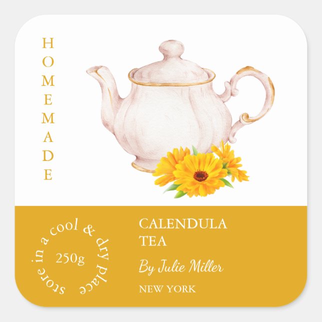 Teapot Calendula Tea Label Fyrkantigt Klistermärke (Framsida)