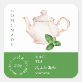 Teapot Mint Tea Label Fyrkantigt Klistermärke