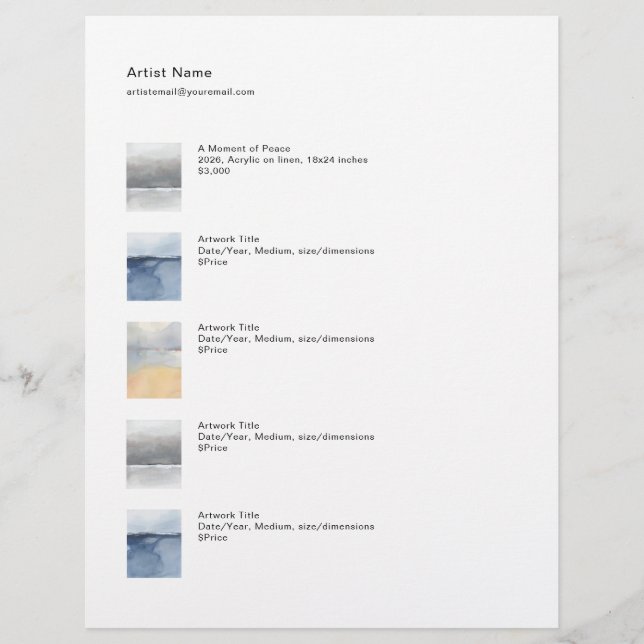 Tear Sheet Price List Template for Art Brevhuvud (Framsida)