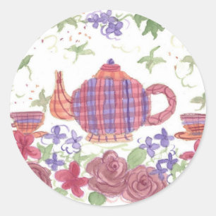 TeaTime tekanna och blommor Runt Klistermärke