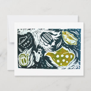 Teblad och små samtal Linocut OSA Kort