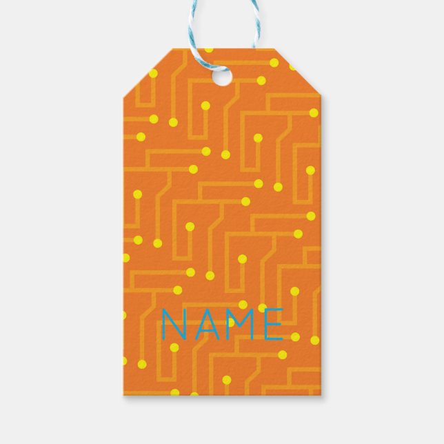 Tech Circuit Board orange gult NAMN Modern Roligt Presentetikett (Framsidan)