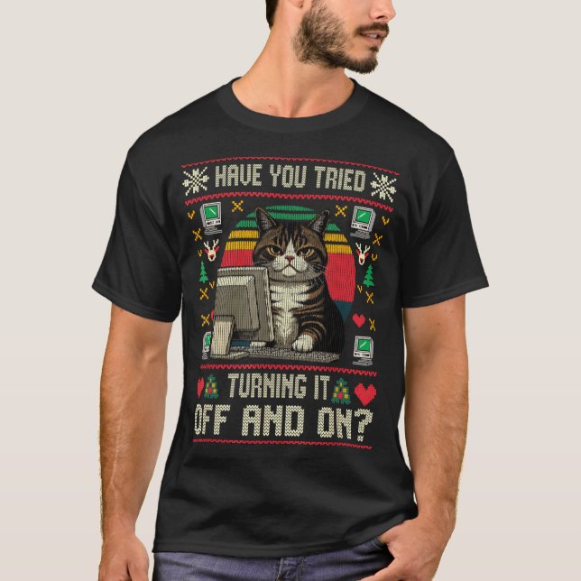 Tech Suprts Cat Engineer Computer Ugly Christmas S T Shirt (Framsida)