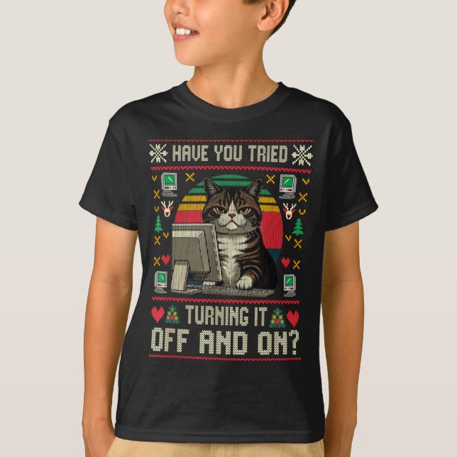 Tech Suprts Cat Engineer Computer Ugly Christmas S T Shirt (Framsida)