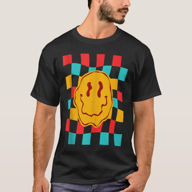 Techno Acid House Music Retro Groovy Smile Checker T Shirt (Framsida)