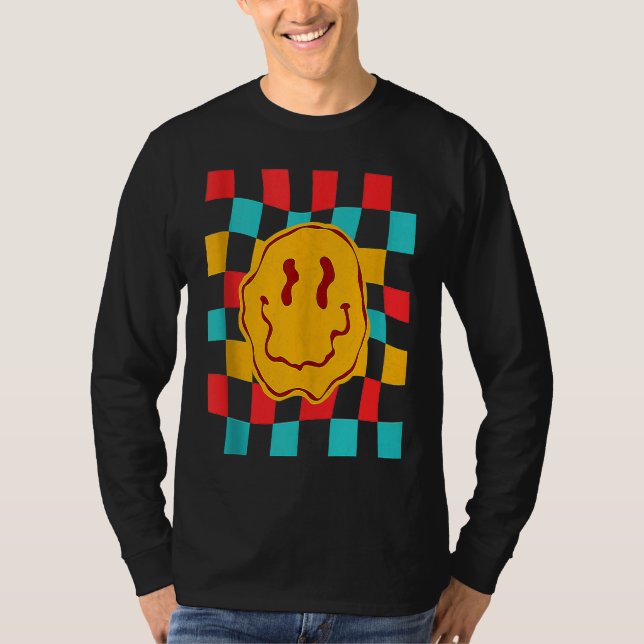 Techno Acid House Musik Retro Groovy Smile Checker T Shirt (Framsida)
