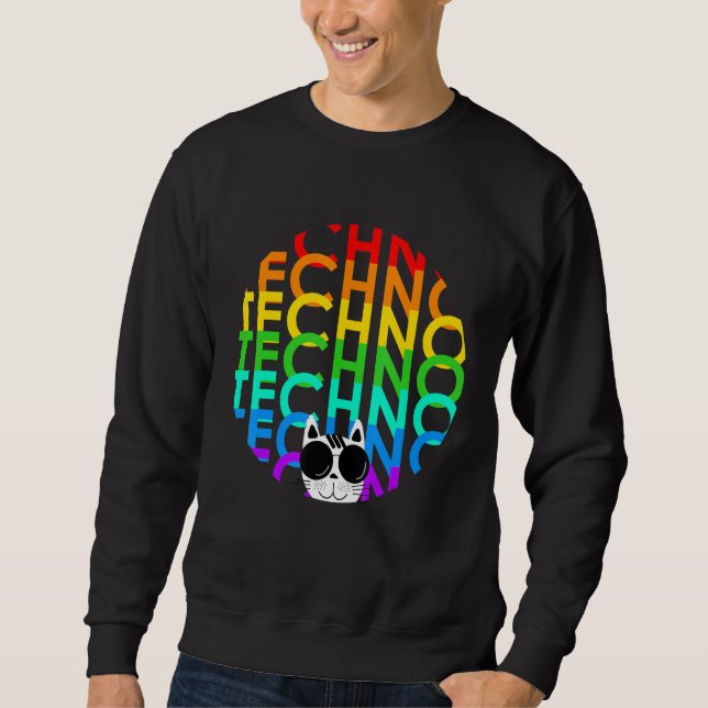 Techno Cat Dub Step Electro Music Synthesizer Lång Ärmad Tröja (Framsida)