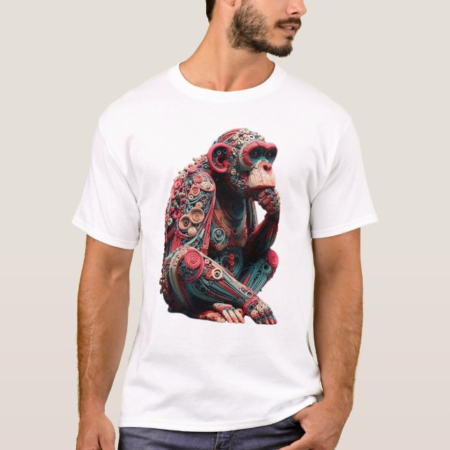 Techno Chimp: Vibrant Mechanical Art T Shirt (Framsida)