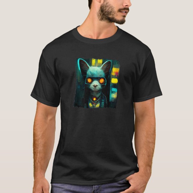 Techno Cyber Cat Wearing Goggles Cyberpunk Aesthet T Shirt (Framsida)