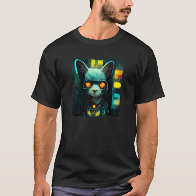 Techno Cyber Cat Wearing Goggles Cyberpunk Aesthet T Shirt (Framsida)
