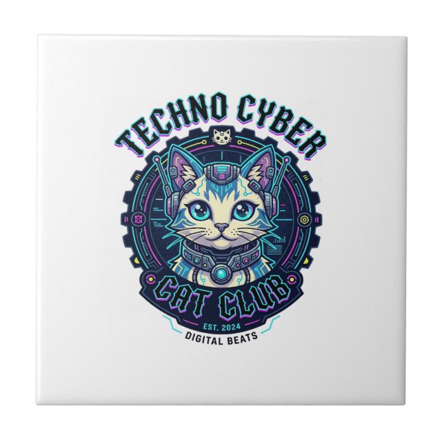 Techno Cyber Katt Rolig Kattälskare Design - Techn Kakelplatta (Framsidan)