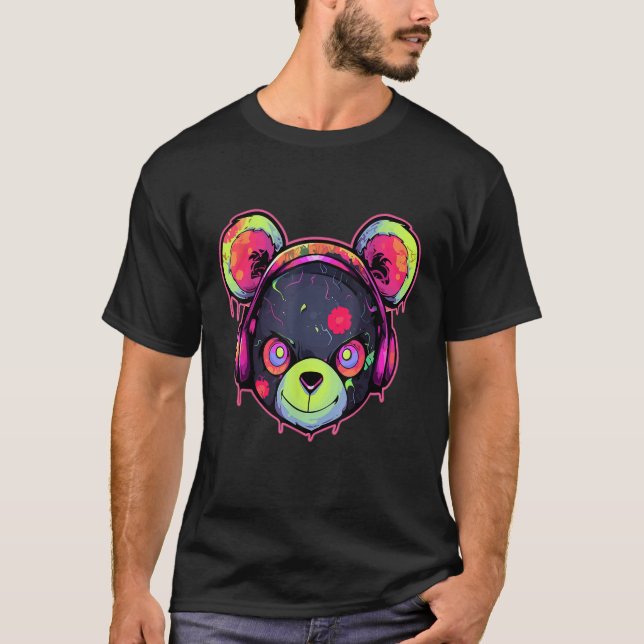 Techno DJ Bear Trippy EDM Summer Festival T Shirt (Framsida)