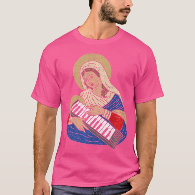 Techno Dj Virgin Mary med en syntetizer-Audio på 8 T Shirt (Framsida)