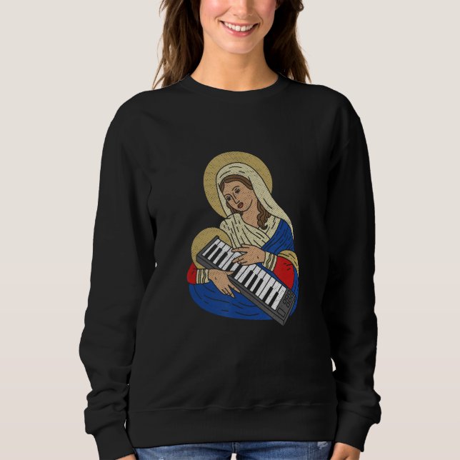 Techno DJ Virgin Mary With A Synthesizer 80s Audio T Shirt (Framsida)