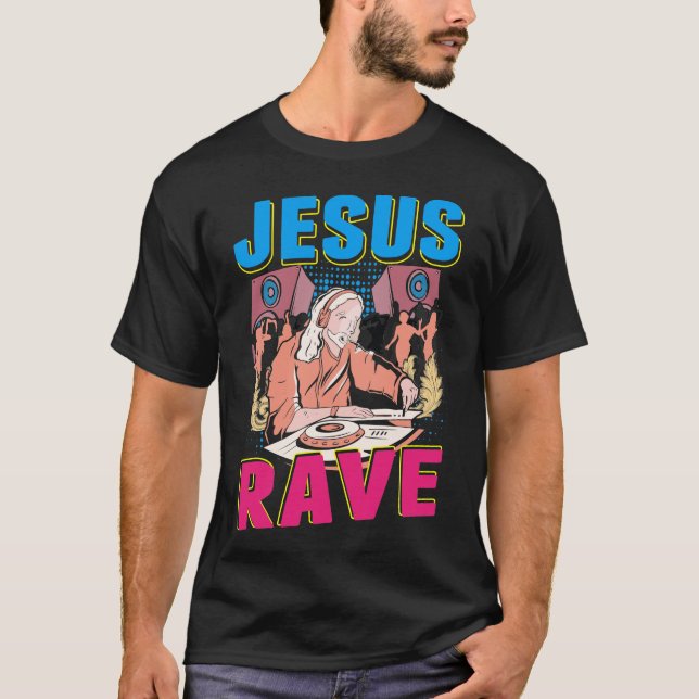 Techno Jesus Religion Retro Electronic Bass Music T Shirt (Framsida)