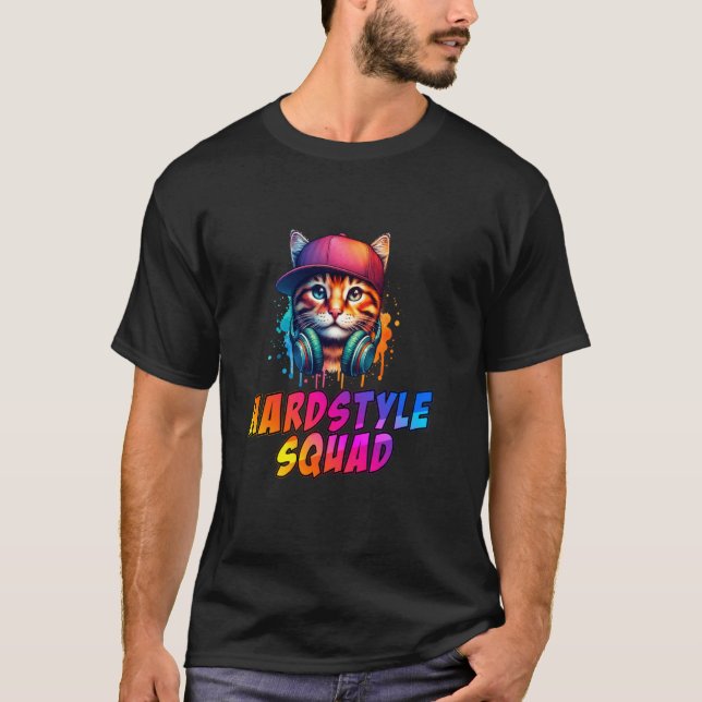 Techno Rave Cat - Hardstyle Squad Festival Party H T Shirt (Framsida)