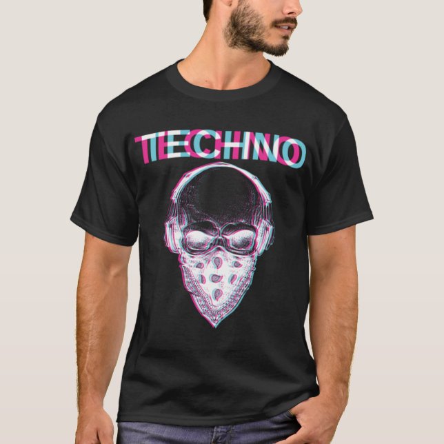 Techno Skull Glitch Trippy EDM Rave Hardstyle Gift T Shirt (Framsida)