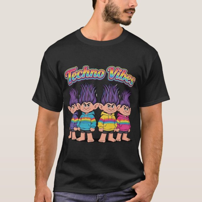 Techno Vibes Troll Squad - Retro Rainbow Rave Del T Shirt (Framsida)