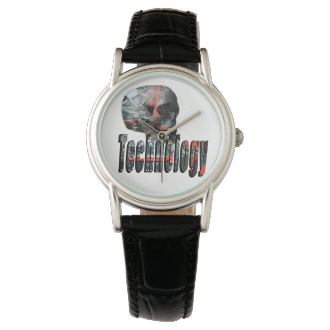 Technology Skull & Logotyp Dam Black Leather Watch Armbandsur (Framsida)