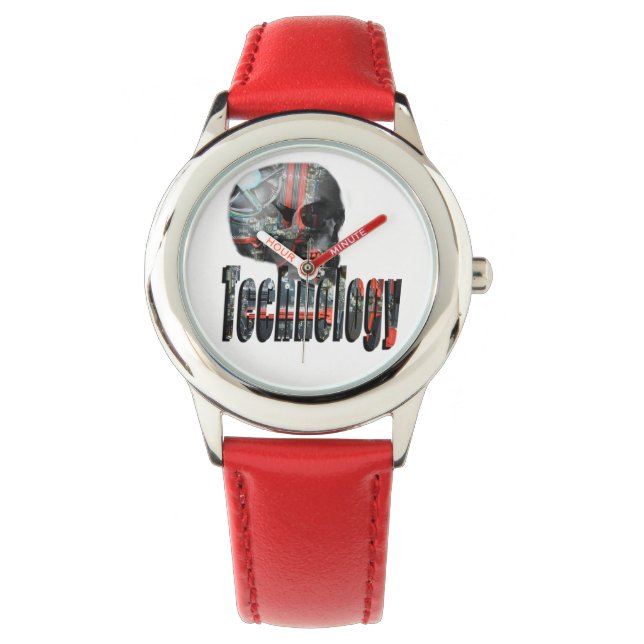 Technology Skull & Logotyp Kids Red Leather Watch Armbandsur (Framsida)