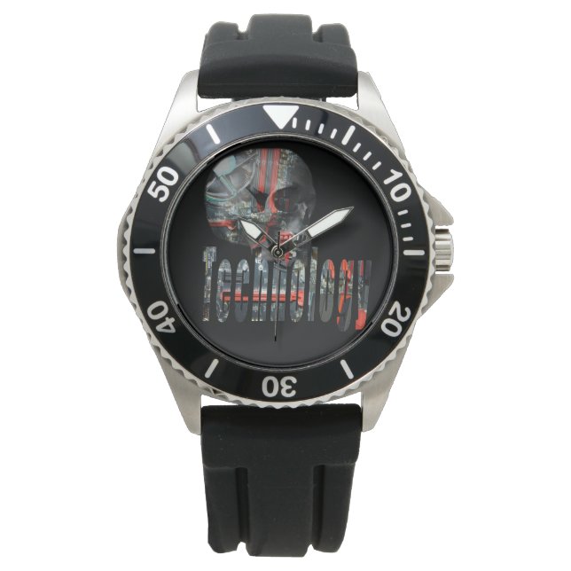 Technology Skull & Logotyp Manar Black Rubber Watc Armbandsur (Framsida)