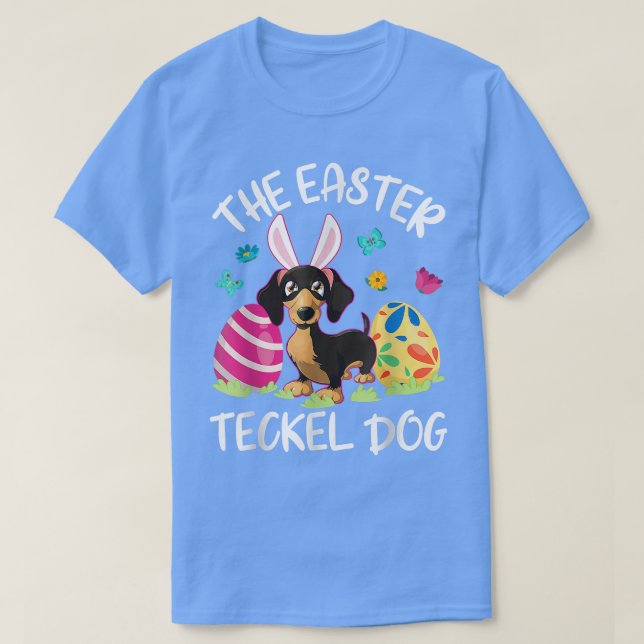 Teckel Hund Bunny Dancing Eggs Lycklig Påsk Tec T Shirt (Design framsida)