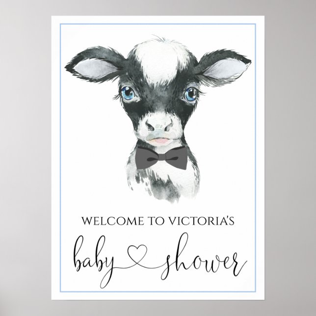 Tecken för baby shower för pojke med ko på bondgår poster (Framsidan)