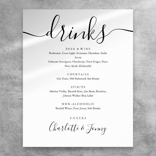 Tecken på menyn Svart och vitt Namnteckning skript Poster (Black And White Signature Script Drinks Menu Sign)